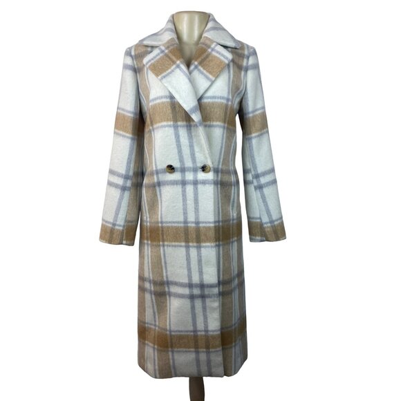 Ann Taylor Women's White Grey Brown Plaid Double Breasted Long Coat Sz XS - NWT